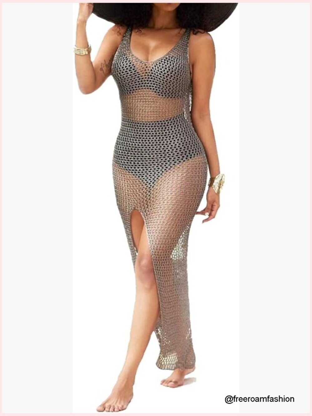 Scoop Neck Crochet Cover Up Side Split Swimwear Beach Dress Vacation